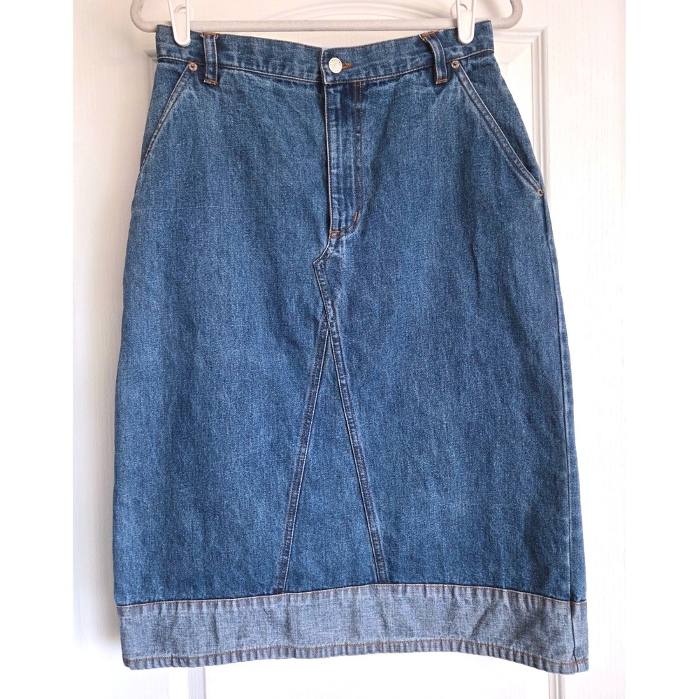 VTG Bill Blass Jeans Medium Wash Denim Midi Skirt Light Denim Hem Size 8 Western